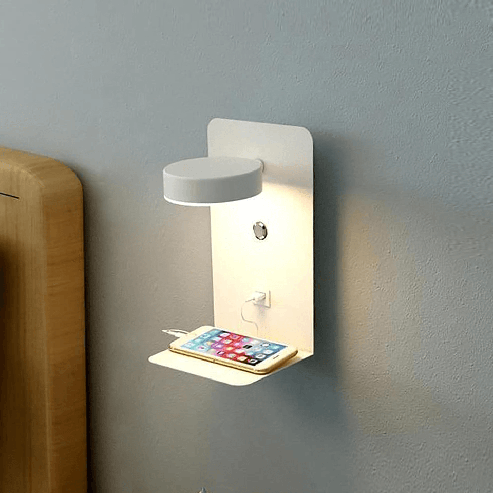 Lampka Ścienna Z Półką Usb | Regulowane Nowoczesne Oświetlenie