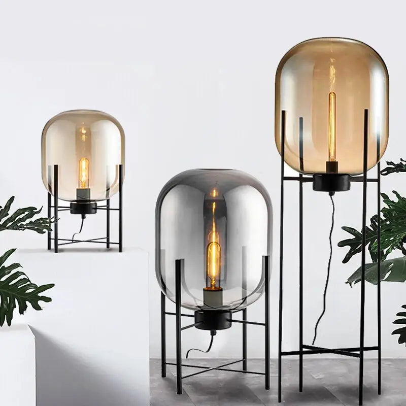 Lampa Podłogowa Riva | Lampa Stojąca Ze Szkła Dymionego Metalu