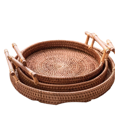 Okrągła Taca Do Serwowania Rattana | Ręcznie Pleciony Naturalny Rattan Z Drewnianymi Uchwytami